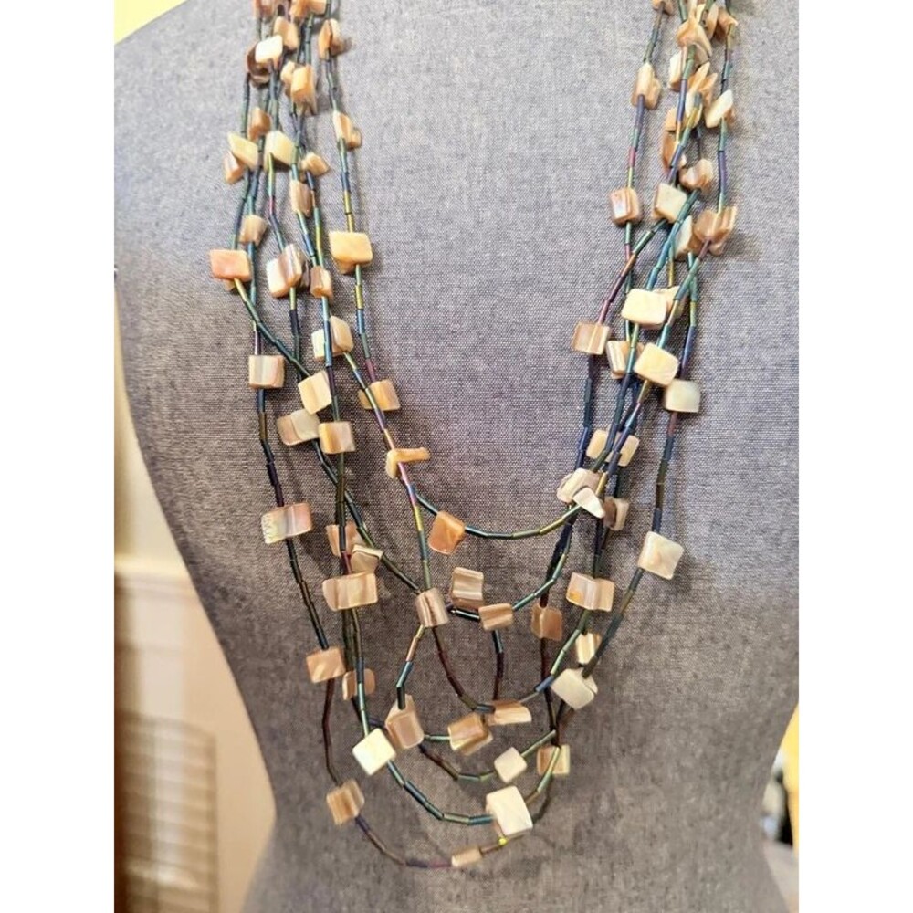 Women's Black Iridescent Seed Bead Multistrand Shell Chip Necklace Boho